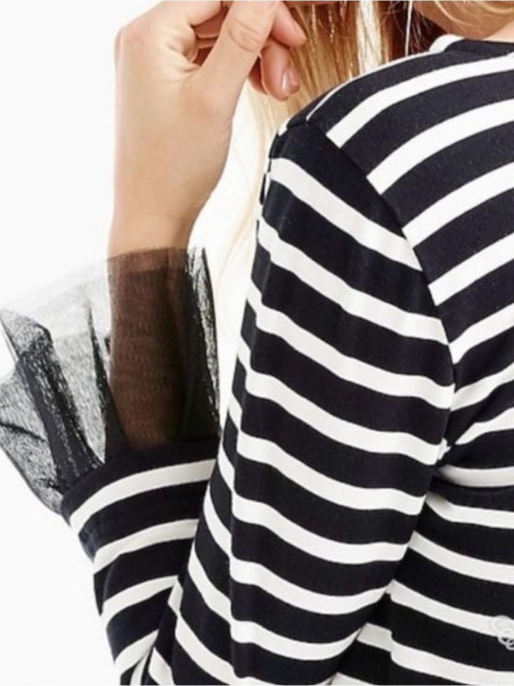 J. Crew Black White Boatneck Tulle Cuffs Top Sz XS Bin C